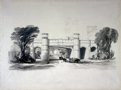 Mosty kolei rugby widziane z drogi, Warwickshire, kwiecień 1839 (pióro i atrament oraz pranie na papierze) autorstwa John Cooke Bourne