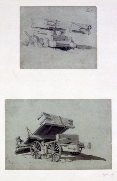 Dwa przykłady wagonów wywrotek wykonawców, lata 30. XIX wieku (pióro i atrament oraz pranie na papierze) autorstwa John Cooke Bourne