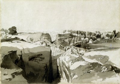 Widok ze szczytu tunelu, Linslade, Buckinghamshire, 12.10.1837 (pióro i atrament oraz pranie na papierze) autorstwa John Cooke Bourne