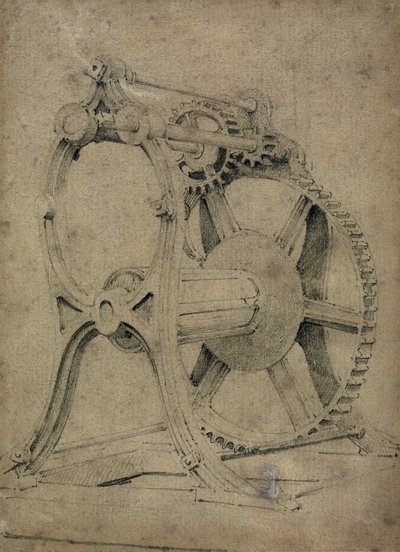 Mechanizm wciągarki lub kraba do nawijania łańcuchów, lata 30. XIX wieku (pióro i atrament oraz pranie na papierze) autorstwa John Cooke Bourne