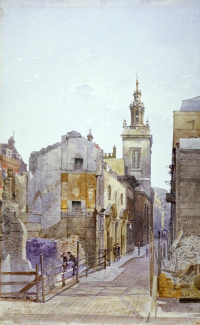 College Hill i kościół St Michael Paternoster Royal, City of London, 1883 autorstwa John Crowther