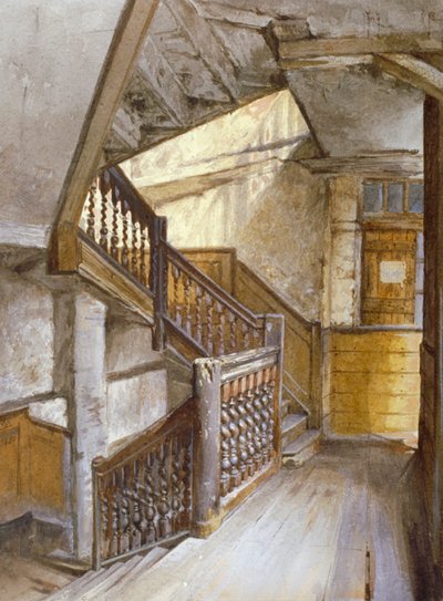 Widok wnętrza klatki schodowej w domu w White Lion Court, Westminster, Londyn, 1880 autorstwa John Crowther