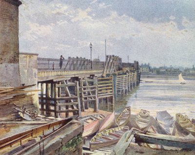 Zaginiony Londyn: Stary most Battersea z północnego brzegu (kolorowa litografia) autorstwa John Crowther