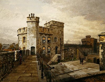 Vista da Devereux Tower, Torre de Londres, com figuras em polimento militar autorstwa John Crowther