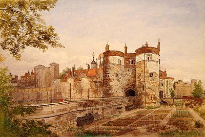 Widok na Tower of London, ukazujący Wieżę Byward, Wieżę Beauchamp, Wieżę Devereux i Wieżę Św. autorstwa John Crowther