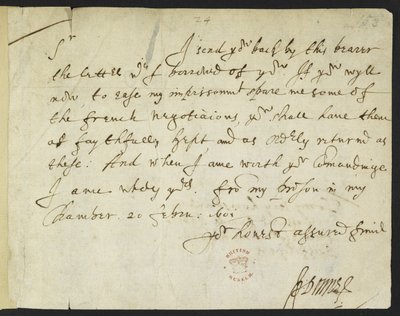 Cotton Julius C. III, f.153 Autograf list Johna Donne do Sir Roberta Cottona, pisany z więzienia, 20 lutego 1601 (tusz na papierze) autorstwa John Donne