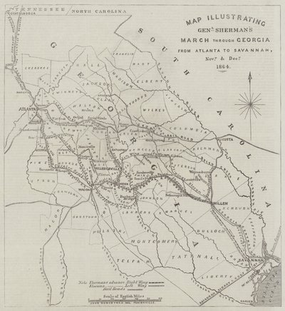Mapa ilustrująca marsz generała Shermana przez Georgię z Atlanty do Savannah, listopad i grudzień 1864 autorstwa John Dower