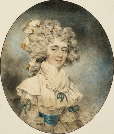 Portret pani Fisher, połowa długości, w białej sukni ozdobionej niebieskimi wstążkami, 1788 autorstwa John Dowman