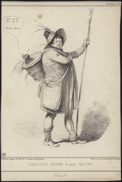 Barnaby Rudge i jego kruk, ilustracja z „Barnaby Rudge” Charlesa Dickensa, 1841 autorstwa John Doyle