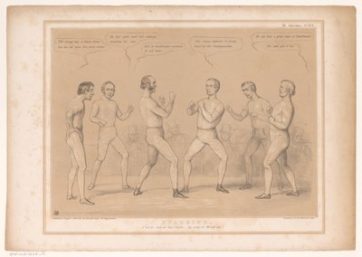 Spotprent spotkał Lorda Bentincka i Lorda Lyndhursta w een bokswedstrijd Sparing. Zestaw do bez rękawiczek, przy okazji nakręcania! (tytuł na obiekcie) HB Sketches (tytuł serii na obiekcie) autorstwa John Doyle