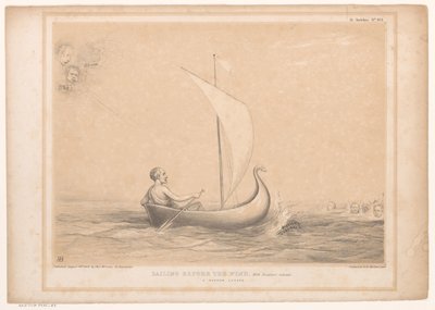 Spotprent spotkał Lorda Russella w een zeilboot Żeglując pod wiatr, Z Breakers przed sobą. Wąska ucieczka (tytuł na obiekcie) HB Sketches (tytuł serii na obiekcie) autorstwa John Doyle