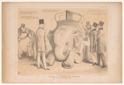Spotkanie nad de aanstelling van Henry Hardinge als gouverneur van India Lekcja jazdy na słoniach! Studiował z natury w ogrodach zoologicznych (tytuł na obiekcie) HB Sketches (tytuł serii na obiekcie) autorstwa John Doyle