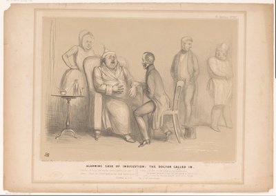 Karykatura, w której John Bull odwiedza lekarz Alarmujący przypadek niestrawności: wezwany lekarz (tytuł na obiekcie) HB Sketches (tytuł serii na obiekcie) autorstwa John Doyle
