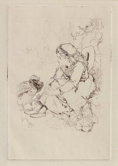 Siedząca dziewczyna i duży ptak (akwaforta) autorstwa John Duncan