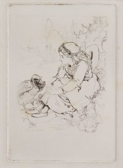 Siedząca dziewczyna i duży ptak (akwaforta) autorstwa John Duncan