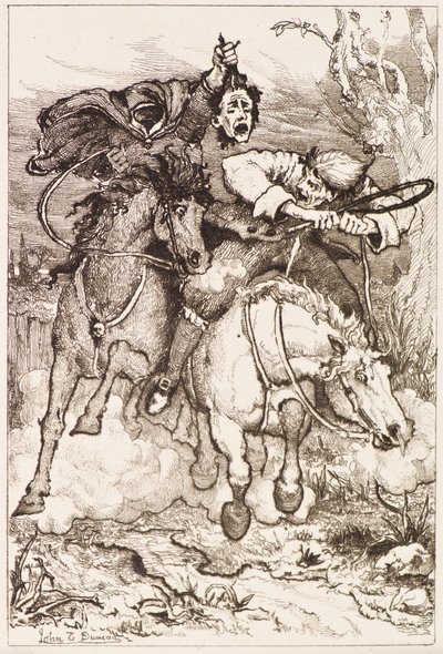 Dwóch galopujących jeźdźców [jeden z własną głową] (akwaforta) autorstwa John Duncan
