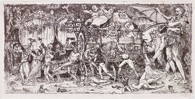Beczka na wino ciągnięta przez cztery tygrysy autorstwa John Duncan