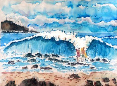 Surferzy na plaży Big Wave autorstwa John Dunn