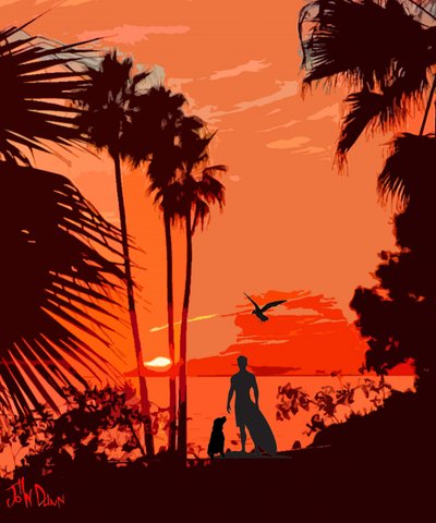 Pies-surfer – tropikalny zachód słońca autorstwa John Dunn