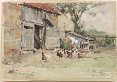 Karmienie kur, 1909 (wc na papierze) autorstwa John Edgar Mitchell