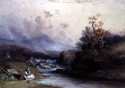Widok górskiego potoku z dwiema postaciami kobiecymi, XIX w. autorstwa John Edmund Buckley