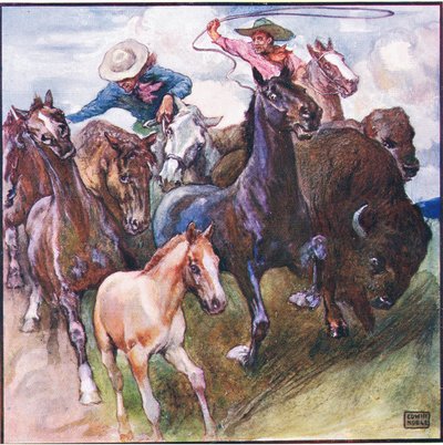 Odszedł-dziki bawół-dziki koń i dziki myśliwy (kolor lito) autorstwa John Edwin Noble