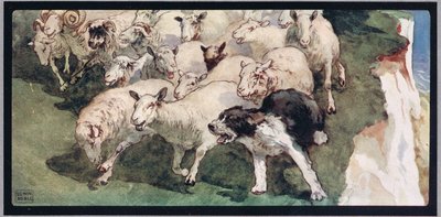 Owczarek bobtail i stado na klifach, ilustracja z „Pomocnicy bez rąk” Gladys Davidson, wydanej w 1919 r. (kolor litho) autorstwa John Edwin Noble