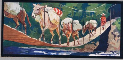 Osły niosą zaopatrzenie przez most linowy, ilustracja z „Pomocnicy bez rąk” Gladys Davidson, wydanej w 1919 r. (kolor litho) autorstwa John Edwin Noble