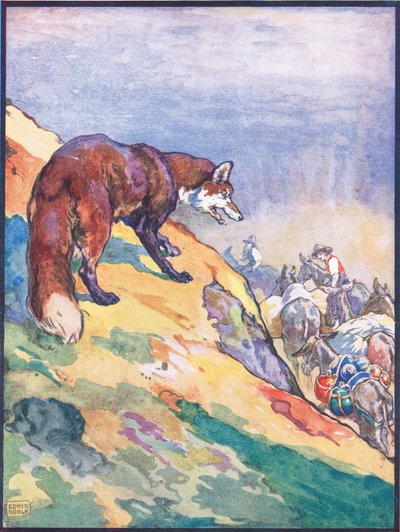 „On Perceived Train of Patient Mules”, ilustracja do „Lisa i jego głupiego strachu” z „Animal Legends from Many Lands”, wydanej przez Raphael Tuck & Sons Ltd. (kolor litho) autorstwa John Edwin Noble