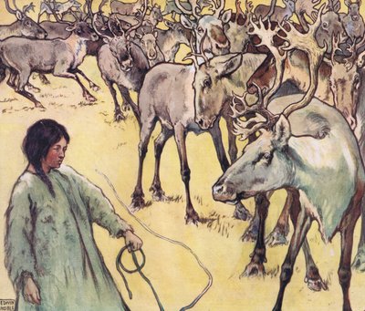 Stado łosi, ilustracja z „Pomocnicy bez rąk” Gladys Davidson, wydanej w 1919 r. (kolor litho) autorstwa John Edwin Noble