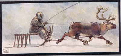 Renifer i sanie, ilustracja z „Pomocnicy bez rąk” Gladys Davidson, wydanej w 1919 r. (kolor lito) autorstwa John Edwin Noble