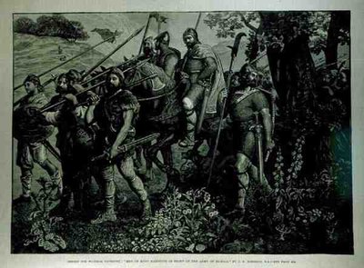 Projekt gobelinu Windsor: Men of Kent maszerujący przed armią Harolda, z The Illustrated London News, 29 kwietnia 1882 autorstwa John Evan Hodgson