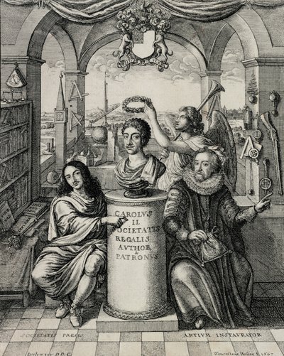 Karol II (1630-85) jako patron Royal Society, rycina Wacława Hollara (1607-77) 1667 autorstwa John Evelyn