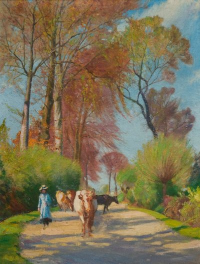 Country Lane z figurą i krową (olej na pokładzie) autorstwa John Everett