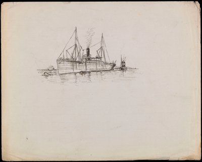 PAH1225; Statek parowy w pobliżu wybrzeża z holownikiem obok. Liniowiec pasażerski z holownikiem i parowiec wiosłowy Tilbury w pobliżu (rysunek) autorstwa John Everett