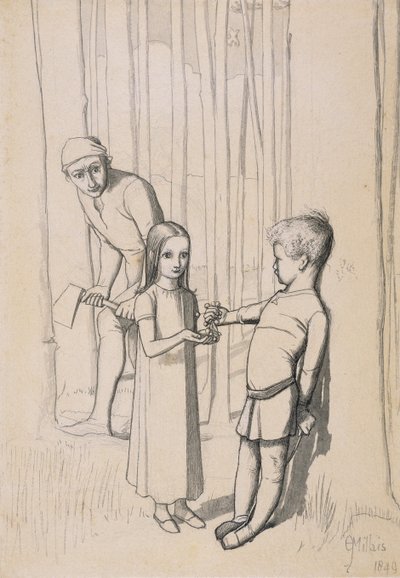 Studium do „Córki Woodmana”, 1849 (pióro i tusz i przemycie grafitem na tkaninie) autorstwa John Everett Millais
