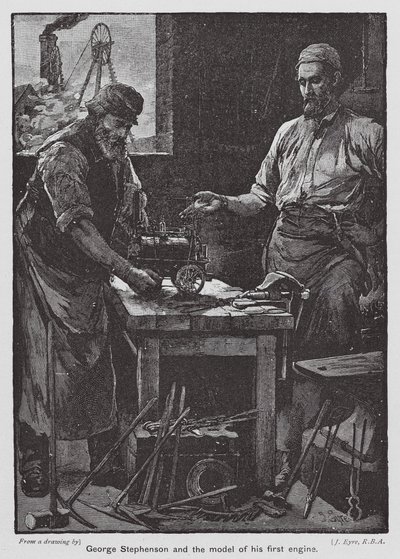 George Stephenson i model jego pierwszego silnika (kolorowa litografia) autorstwa John Eyre