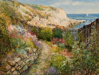 Ogród Cullercoats z widokiem na morze (olej na płycie) autorstwa John Falconar Slater