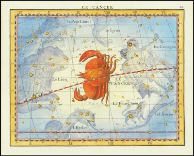 Mapa gwiazdozbioru Raka i sąsiednich gwiazdozbiorów z 1776 r., z Atlas Celeste de Flamsteed Fortina autorstwa John Flamsteed