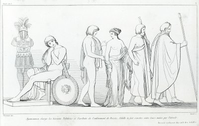 Agamemnon oskarżył heroldów Taltibiusa i Euribata o uprowadzenie Briseis; Achilles przekazał go w ich ręce przez Patroklesa. Rysunek Johna Flaxmana (1755 - 1826). Iliada Homera. Śpiew I autorstwa John Flaxman