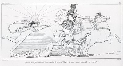 Apollo, bóg Słońca, aby zachować ciało Hektora, okrywa go całkowicie swoją złotą egidą. Śpiew XXIV. Rysunek Johna Flaxmana (1755 - 1826). Iliada Homera. autorstwa John Flaxman