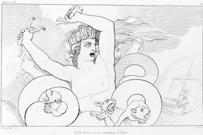 Epizod Charybdy i Scylli: sześciu towarzyszy Ulissesa zostaje pożartych. Rysunek Johna Flaxmana (1755 - 1826). Odyseja Homera. Pieśń XII. autorstwa John Flaxman