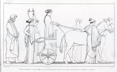 Nausicaa, który właśnie poznał Ulissesa, zabiera go z powrotem do pałacu jego ojca, króla Alkinoosa. Rysunek Johna Flaxmana (1755 - 1826). Odyseja Homera. Pieśń VI. autorstwa John Flaxman