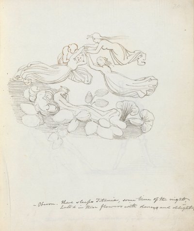 Oberona. Tam śpi Tytania o pewnej porze nocy..., 1783 (pióro, tusz i pranie na papierze) autorstwa John Flaxman