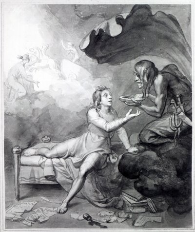 Thomas Chatterton otrzymuje od Rozpaczy miskę z trucizną (pióro, atrament i pranie na papierze) autorstwa John Flaxman