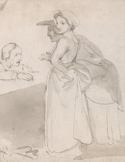 Dwie kobiety rozmawiają z mężczyzną przy ladzie autorstwa John Flaxman