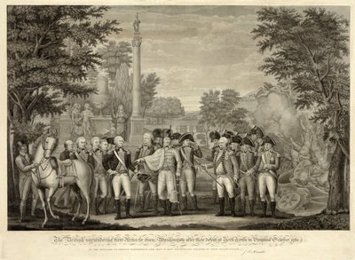 Brytyjczycy poddają broń generałowi Waszyngtonowi po klęsce pod York Town w Wirginii w październiku 1781, wyd. 1819 (grawerowanie) autorstwa John Francis (after) Renault