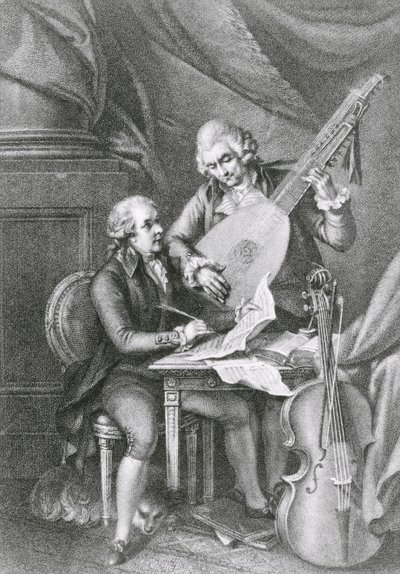 Portret Franza Josepha Haydna (1732-1809) i Wolfganga Amadeusza Mozarta (1756-91) komponujących muzykę na lutnię, sztychowany przez Michele Benedetti (1745-1810) autorstwa John Francis Rigaud