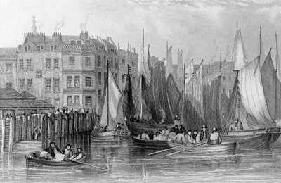 Billingsgate, ilustracja w „History of London: Illustrated by views of London and Westminster” autorstwa Johna Woodsa, grawerowana przez Johna Woodsa, opublikowana w 1838 r. autorstwa John Francis Salmon