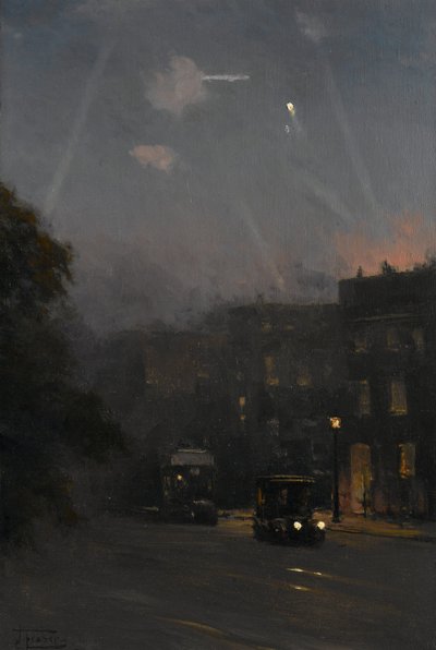 Nalot Zeppelinów, 8 października 1915, ok. 1915-18 (olej na płótnie) autorstwa John Fraser